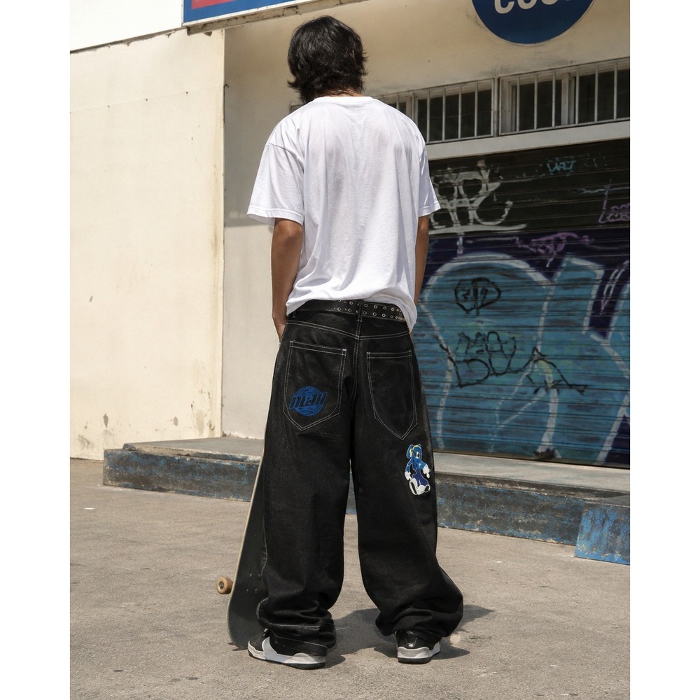 Alab Vintage VTG Y2K 26" Mega Baggy Jeans Streetwear Contrast Stitching Black 38